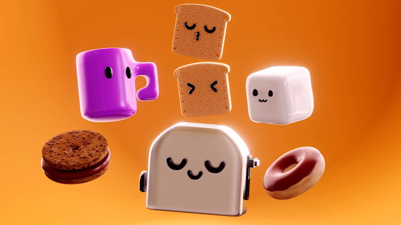 Collection of seven cute stylized breakfast 3D props including a toaster and a donut
