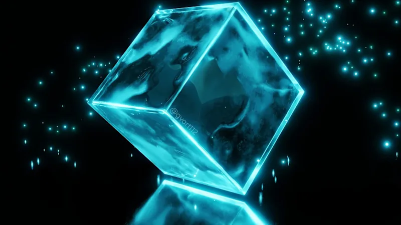 Sci-fi ice cube 3D model glowing with blue neon energy inside
