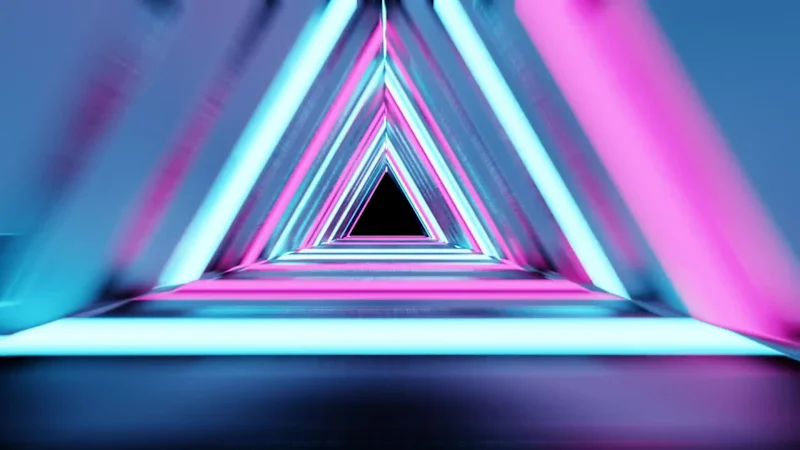 Animated neon triangle tunnel 3D model in pink and blue, with a retro synthwave look