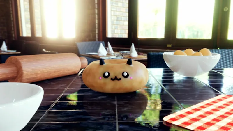 Cute panda donut restaurant 3D scene with kitchen props and soft lighting