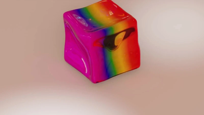 Translucent rainbow jelly cube 3D model wobbling on a light background