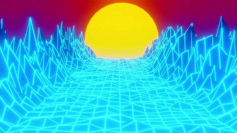 Animated retrowave scene with a striped neon sun over a glowing grid
