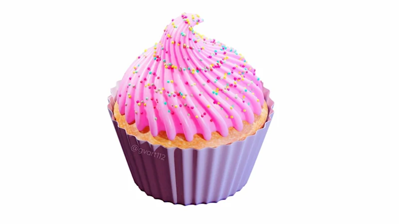 Stylized pink cupcake 3D model with frosting and sprinkles